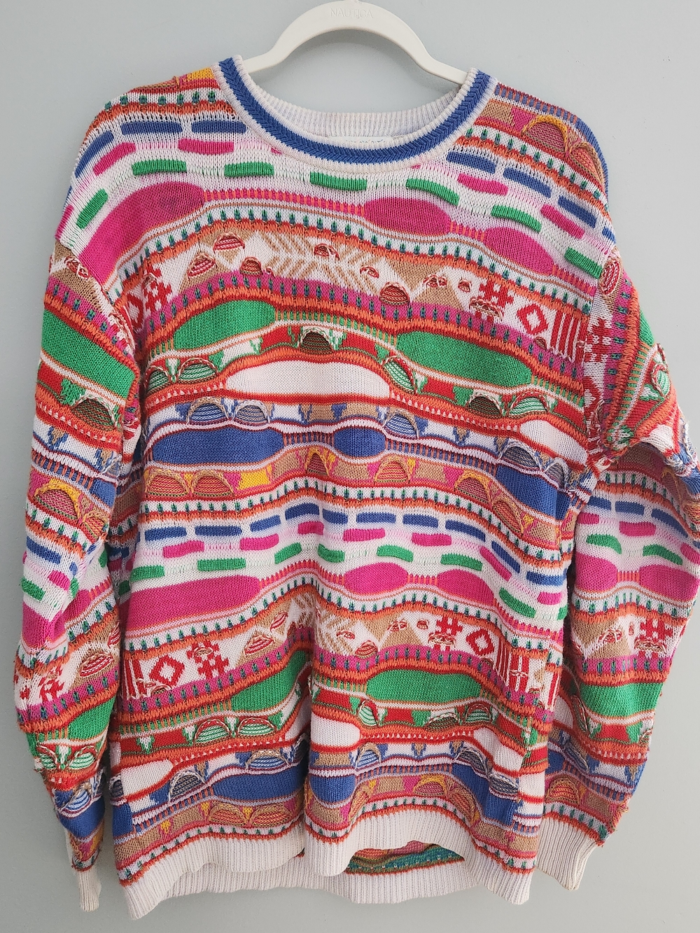 Passports 3D Textured Multicolor Striped Pattern Crewneck 80s Sweater Size M
